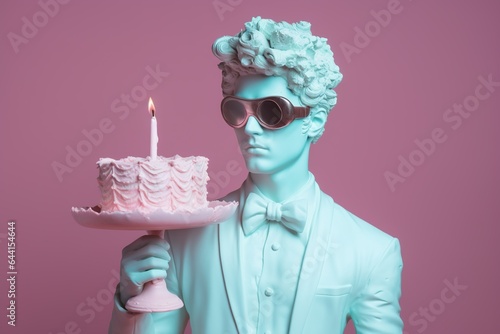Antique sculpture of a man with a birthday cake. Modern art, neoclassical style in pink and blue colors. photo