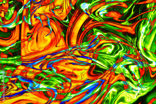 Green and red paint pigment mix. Ornament mosaic swirl shapes background. Neon glow fluid. Light background. Artistic marbling texture. Vibrant color liquid flow. Orange artistic flow.