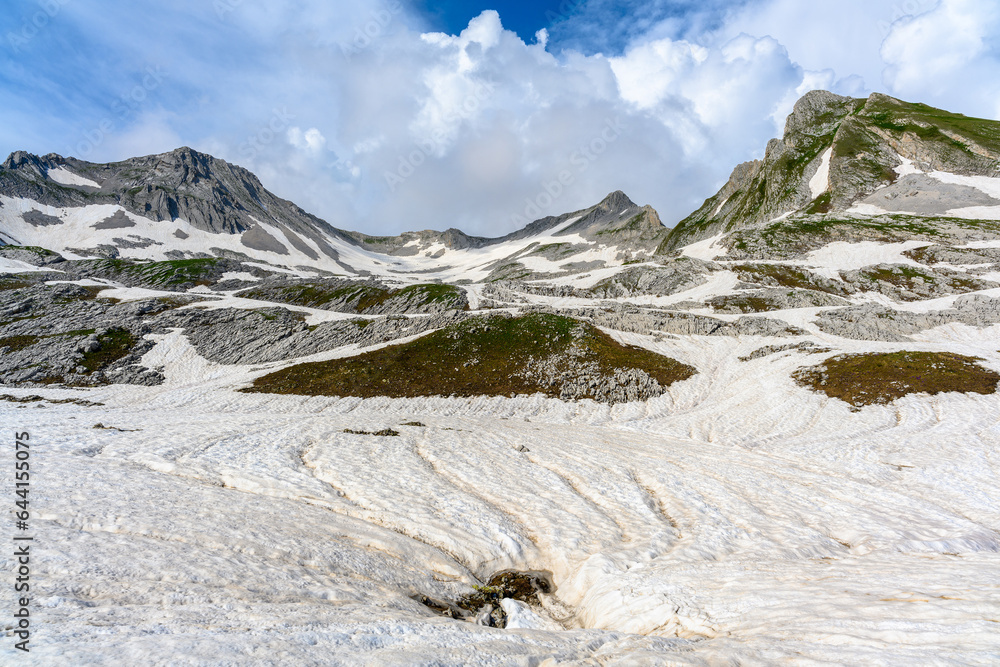 Obraz premium The snowdrifts and green grass on top of mountains in the tropical forest.