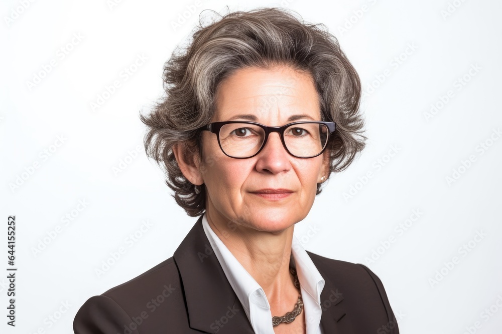 portrait, face and business woman with glasses in studio isolated on white background