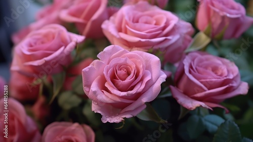 Beautiful pink roses in a bouquet  close-up. Mother s day concept with a space for a text. Valentine day concept with a copy space.
