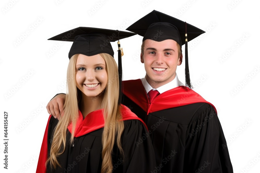 studio shot of a young couple in graduation robes isolated on white studio shot of a young couple in graduation robes isolated on white