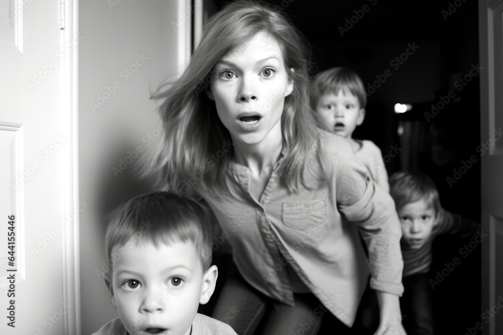 mother leading her two kids away from the camera with a scared expression mother leading her two kids away from the camera with a scared expression