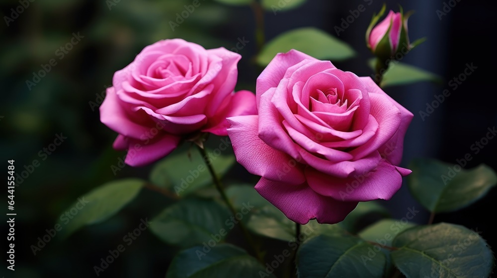pink roses in the garden with green leaves on a dark background. Mother's day concept with a space for a text. Valentine day concept with a copy space.