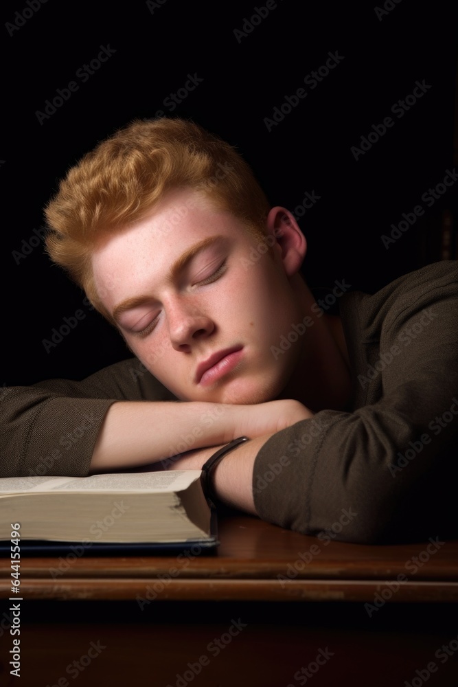 portrait of a young man lying down and studying at his desk