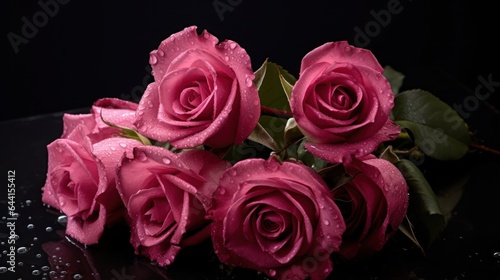 Bouquet of pink roses with water drops on a black background. Mother s day concept with a space for a text. Valentine day concept with a copy space.