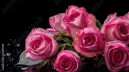 pink roses with water drops on black background  valentines day. Mother s day concept with a space for a text. Valentine day concept with a copy space.