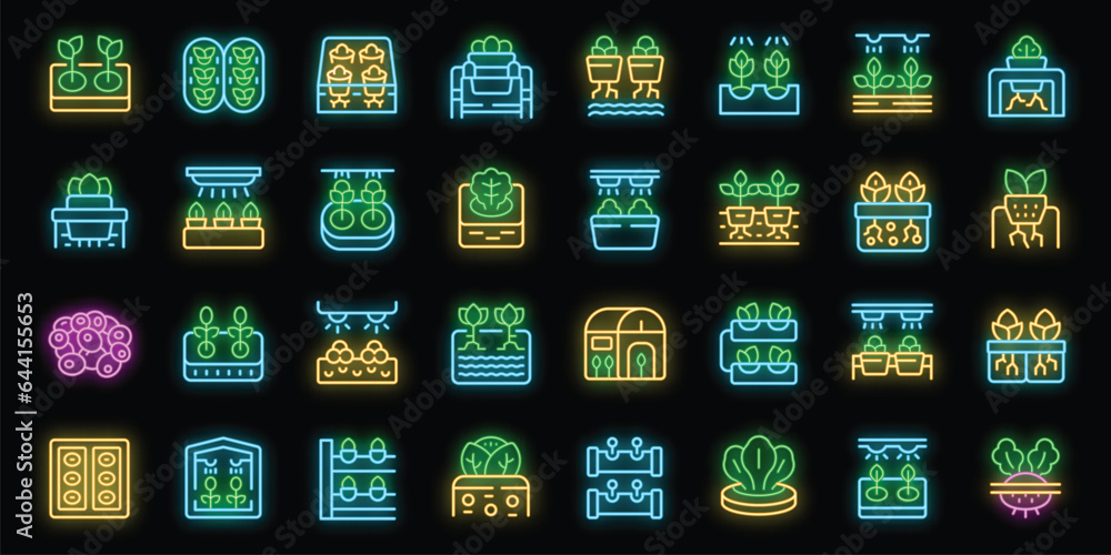 Hydroponics icons set outline vector. Smart plant. Farming nursery neon color on black Hydroponics icons set outline vector. Smart plant. Farming nursery neon color on black