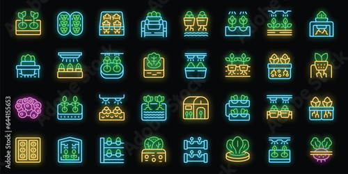 Hydroponics icons set outline vector. Smart plant. Farming nursery neon color on black