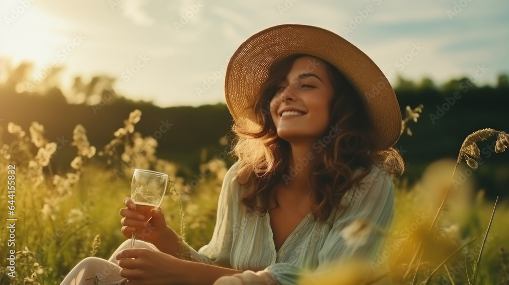 Fototapeta premium Beauty carefree happiness female relax outdoors. Happy young woman in sun hat summer wheat field meadow at sunset summer vacation,ai generate