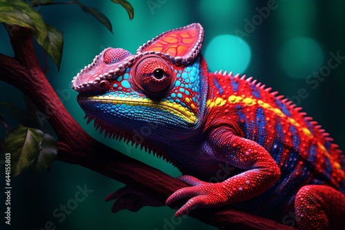 Ultra-detailed image of a chameleon with a vibrant color-changing gradient and intense neon glow. Generative AI © Jocasta