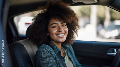 Cheerful young female sitting in car on passenger seat and looking out open window while enjoying purchase in dealership woman smiling seat in car daylight,ai generate