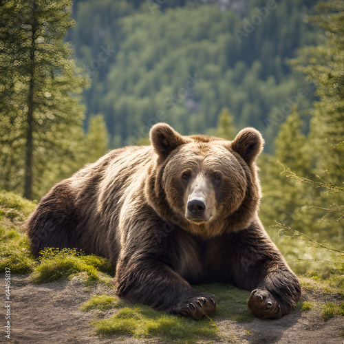 Brown bear lying on the ground in the forest