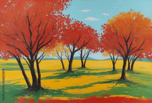 A vibrant, abstract painting of a autumn landscape with trees.