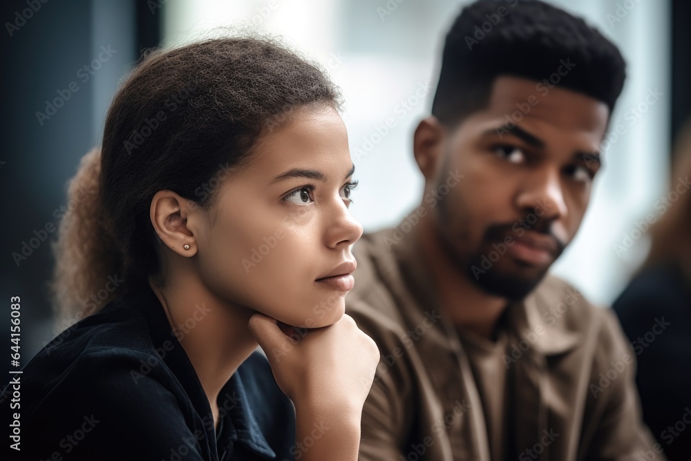 shot of a young woman and man in thoughtful discussion at a seminar shot of a young woman and man in thoughtful discussion at a seminar