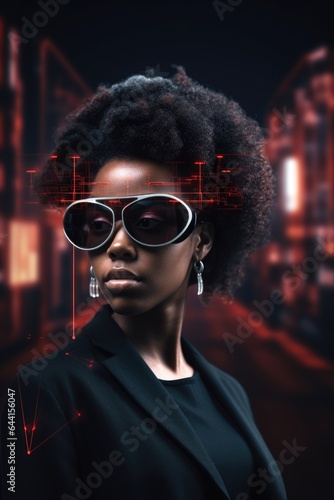 stereo vision, headset and afro woman with social networking on futuristic mobile app