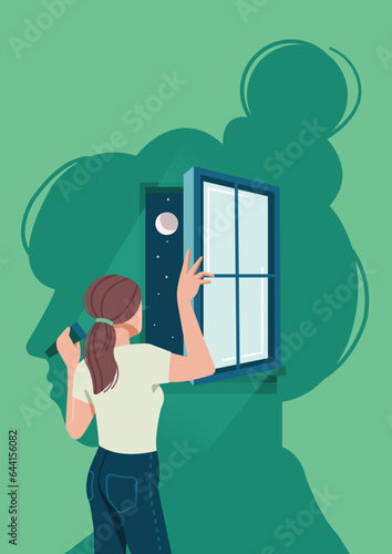Woman looking into the mind concept. Flashlight peeking into window at the night sky. Silhouette of a woman's head. Editorial illustration for mental health.
