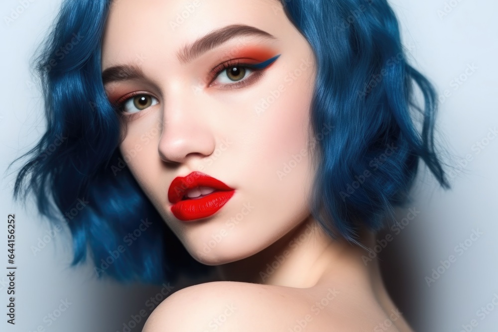 closeup studio shot of a beautiful young woman with blue hair and red lips closeup studio shot of a beautiful young woman with blue hair and red lips