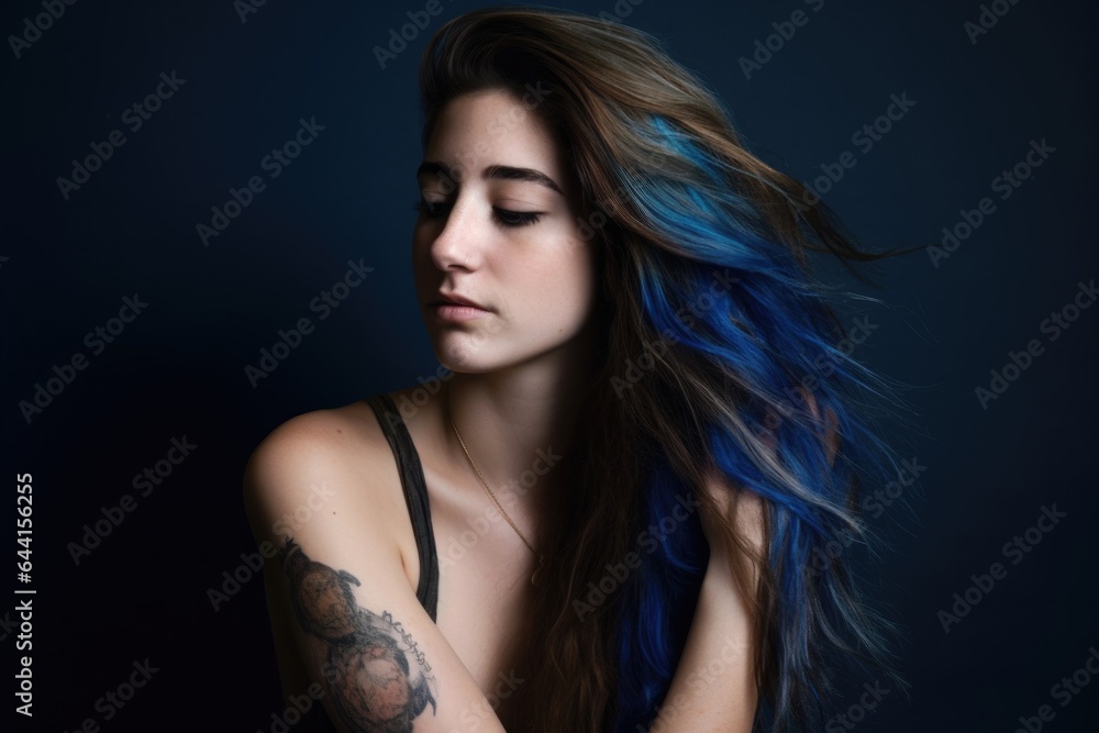 Naklejka premium studio shot of a beautiful young woman holding her hair with blue highlights