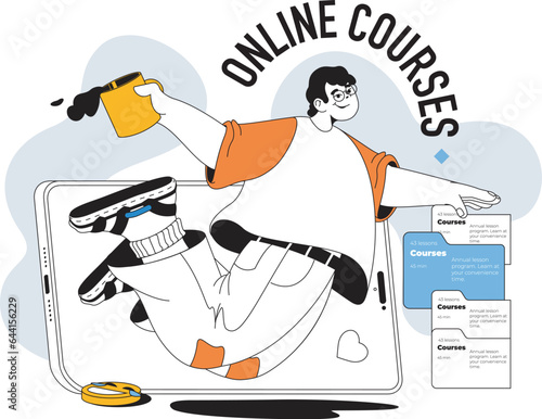 Online courses concept with people scene in flat line design for web. Man learning at educational platform with tutorials and lectures. Vector illustration for social media banner, marketing material.