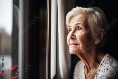 shot of a senior woman looking out the window at home