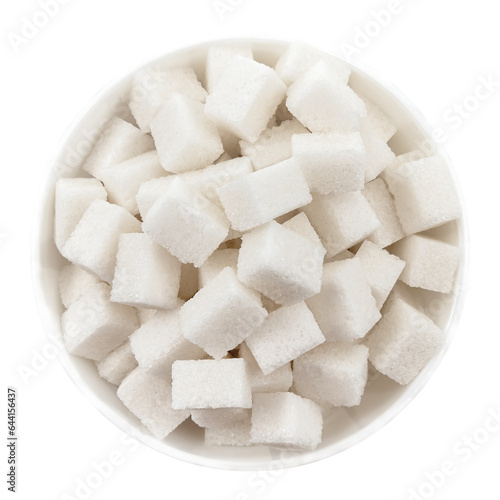 Sugar cubes in a bowl or plate on a white background close-up. View from above. Sugar