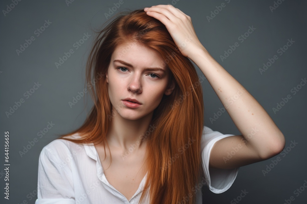 a young woman standing with her fingers in her hair while posing against a gray background a young woman standing with her fingers in her hair while posing against a gray background