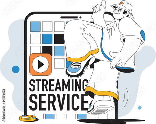 Streaming service concept with people scene in flat line design for web. Man using online cinema platform or video stream player app. Vector illustration for social media banner, marketing material.