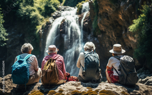 Elderly people hiking in front of Waterfall. Health, wellness and hiker group, sport and active lifestyle motivation with cardio.