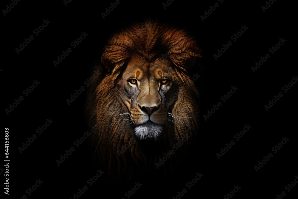 Lion head with black background on, close up, big white eyes, portrait of a lion in the style of photo-realistic compositions, strong facial expression