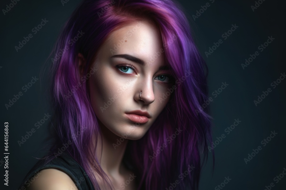 studio portrait of a beautiful young woman with purple hair posing against a grey background studio portrait of a beautiful young woman with purple hair posing against a grey background