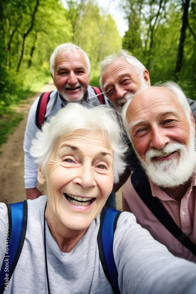 selfie, volunteer and happy with senior couple on nature walk, adventure or bonding in retirement selfie, volunteer and happy with senior couple on nature walk, adventure or bonding in retirement