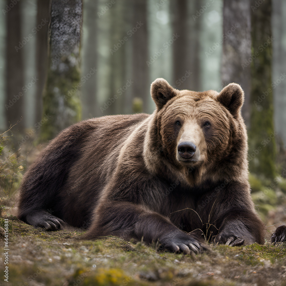 Brown bear lying on the ground in the forest, in the background a lot of pine trees