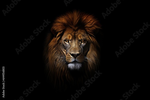 Lion head with black background on, close up, big white eyes, portrait of a lion in the style of photo-realistic compositions, strong facial expression © Evandro