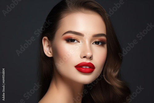 studio shot of a beautiful young model wearing red lipstick