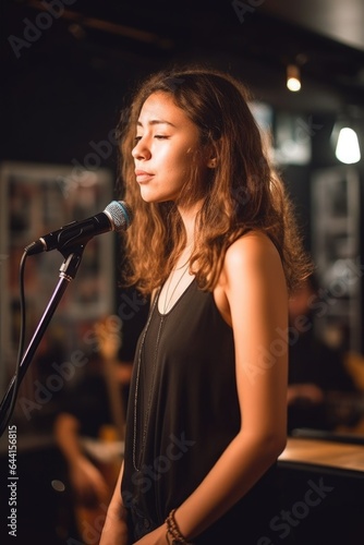 cropped shot of an attractive young woman standing and performing at a weekly open mic event