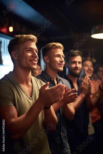shot of a group of friends applauding during an event at a gay bar