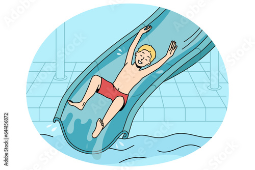 Overjoyed small boy riding from slide in aqua park. Smiling kid have fun enjoy water outdoor attractions in water park. Summer vacation. Vector illustration.