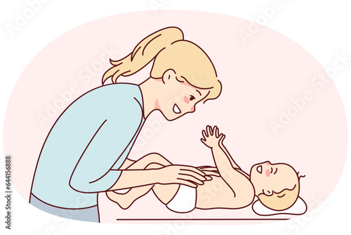 Smiling young mother playing with newborn baby. Happy mom have fun caress infant on table. Motherhood and parenthood. Vector illustration.
