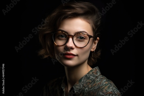 studio shot of a beautiful young woman wearing glasses and posing against a dark background