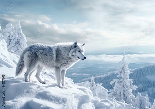 "Snowy Solitude: The Lone Wolf's Quest". Digital Poster. AI generated.
