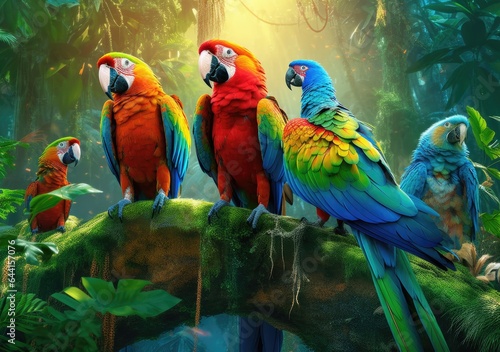 A group of vibrant parrots in a tropical rainforest. Digital Poster. AI generated.