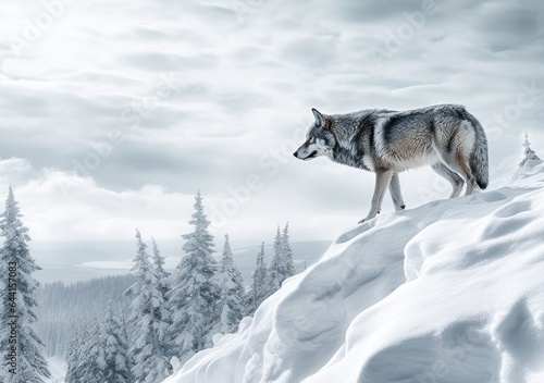 "Winter's Embrace: A Lone Wolf's Tale". Digital Poster. AI generated. © Metodi