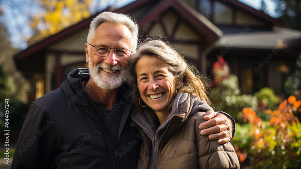Fototapeta premium Happy family near their new house. Generative Ai