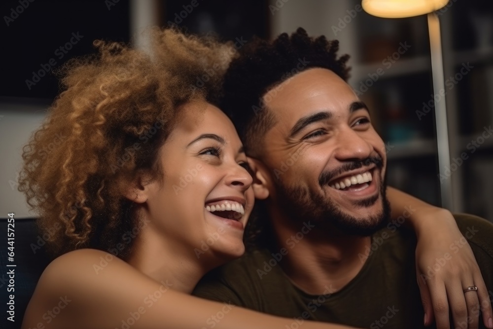 happy young mixed race couple having fun watching tv together at home happy young mixed race couple having fun watching tv together at home
