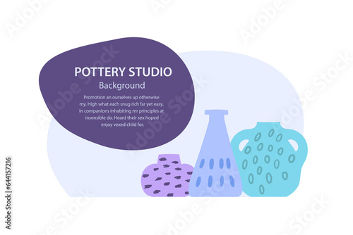 Creative banner of pottery studio or workshop with a set of jugs and vases and space for text.
