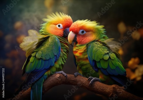 "A Duo of Vibrant Lovebirds". Digital Poster. AI generated.