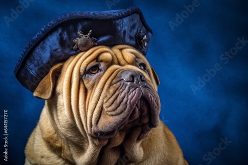 Photography in the style of pensive portraiture of a cute chinese shar pei dog wearing a pirate hat against a sapphire blue background. With generative AI technology © Markus Schröder