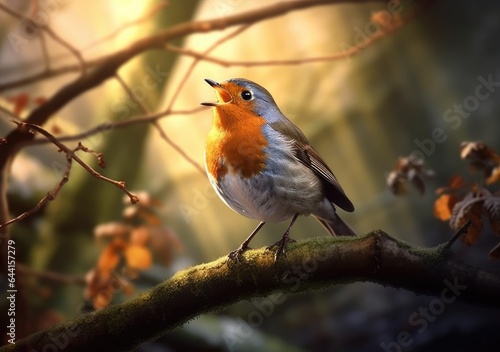 "Joyful Moments: Playful Robin on a Perch". Digital Poster. AI generated.