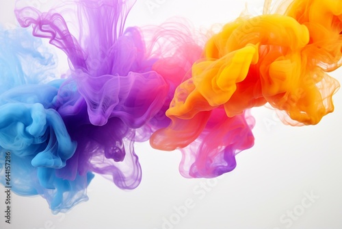 Colorful smoke cloud on white surface with light reflection and gray background. White wall below. Generative AI
